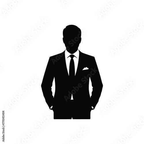 Silhouette of a man in a suit with hands in pockets, representing business or professionalism.
