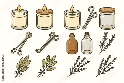 Icon dried light set vector soy lid herbs bottle theme candle