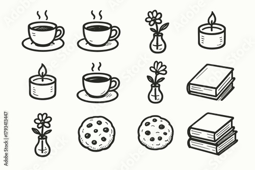 Afternoon vector candle setup icons cozy book cookie relaxed tea flower icon