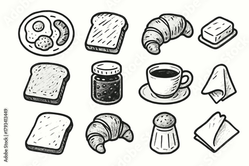 Icon napkin set cup coffee classic slice toast vector bakery breakfast butter