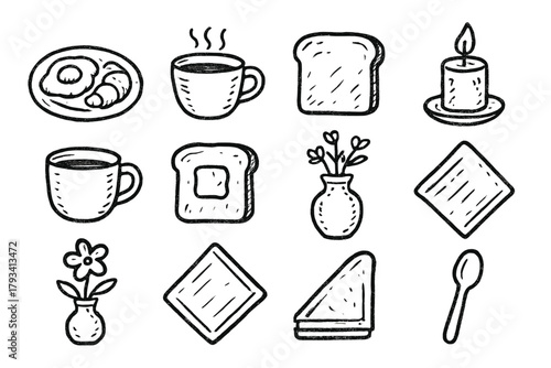 Icon scene cozy vase morning breakfast cup candle icons spoon vector toast