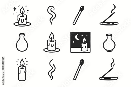 Vase theme setup candle incense curl calm icon vector night tiny