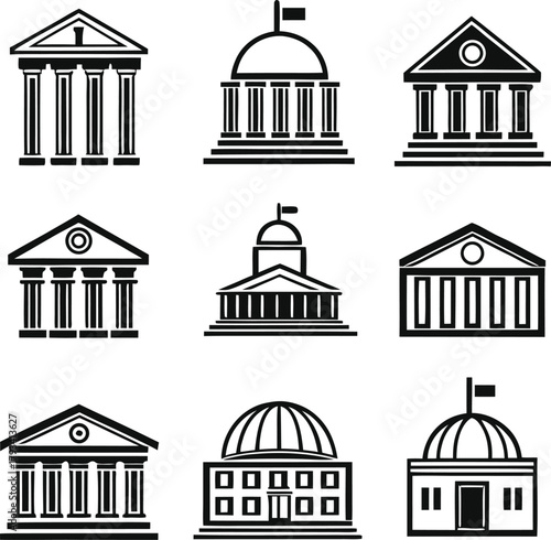Collection of Black and White Government Building Icons with Columns and Domes symbol architecture