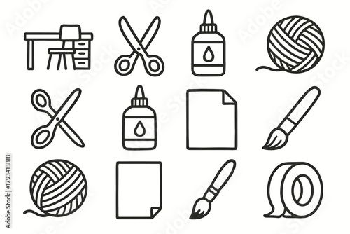 Icons craft scissors glue yarn workspace vector desk brush setup sheet diy