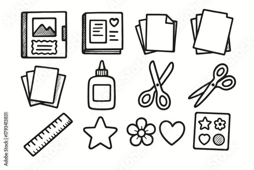 Ruler desk icon paper sheets vector craft scissors glue essentials scrapbook stickers
