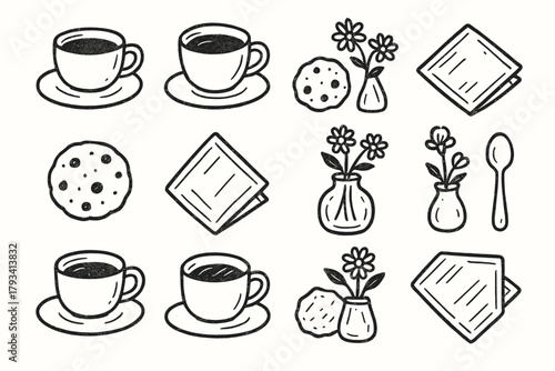 Cozy jar life table icons cookie cup still flower vector icon napkin