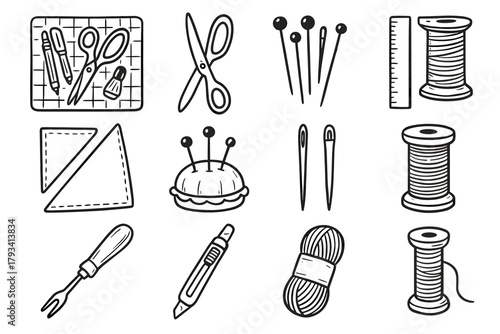Desk icons icon spool ruler vector fabric scissors craft thread handmade layout