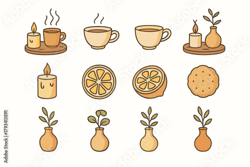 Slice setup lemon cozy tea evening teacup icons icon warm vector vase
