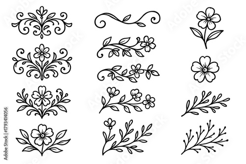 Vector icon ornament twigs floral vine set stems curls blossoms