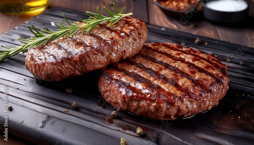 two cooked beef patties perfect for burgers grilled marks are visible