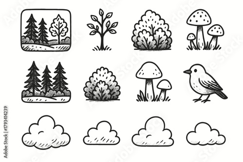 Cloud bird small collection peaceful icons tree bush vector forest mushrooms icon