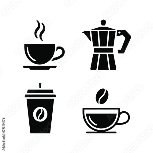 A collection of four simple black and white icons representing coffee drinks.