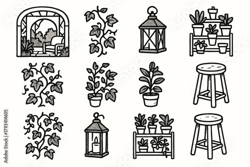 Stool lantern climbing shelf icon vector ivy nature plant veranda garden retreat