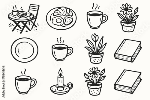 Setup breakfast cup morning pot icons plate candle book icon veranda vector
