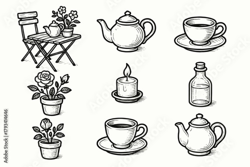 Corner veranda small rose icons garden candle tea flower vector icon pot