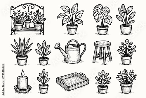 Potted layout leafy can candle veranda icons plants tray stool icon garden