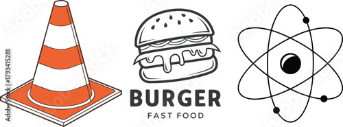 Isolated Icons of a Traffic Cone, Burger with Text, and Atomic Model construction safety