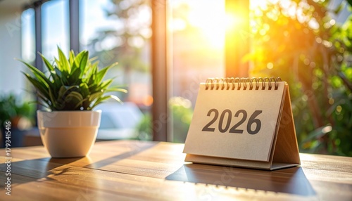 Close-up of 2026 desk calendar on wooden table with soft light and clean workspace. Perfect concept for planning, schedule, or time management design.