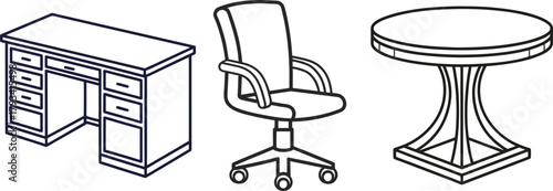 Isometric Line Art Icons of Office Furniture: Desk, Chair, and Round Table Keywords: office desk, office chair, round table