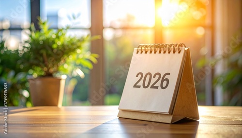 Close-up of 2026 desk calendar on wooden table with soft light and clean workspace. Perfect concept for planning, schedule, or time management design.