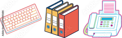 Isometric Office Supplies Keyboard Binders and Fax Machine on White Background computer keyboard