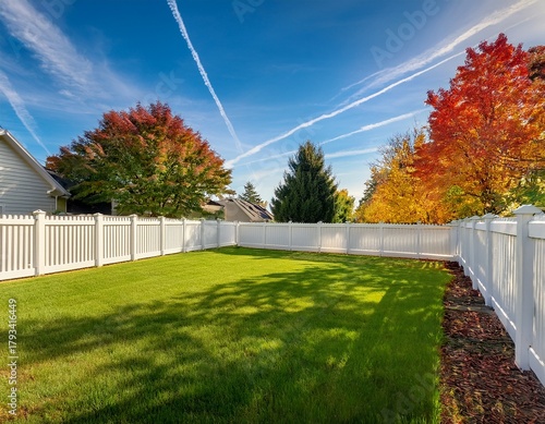 a white vinyl fence encloses a backyard with a green lawn and colorful trees under a blue sky