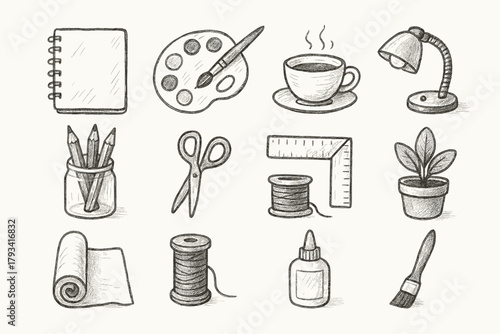Vector sketchbook bottle icon cup scissors creative ruler tools plant icons potted