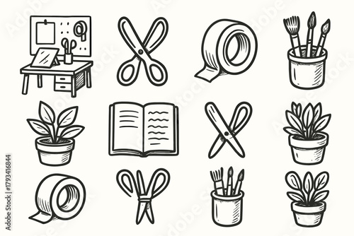 Icon diy vector brush craft workspace jar icons creative pot flower home