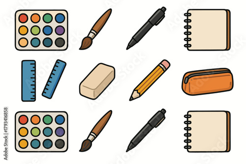 Case icons supply collection ruler brush art vector notebook pencil eraser icon