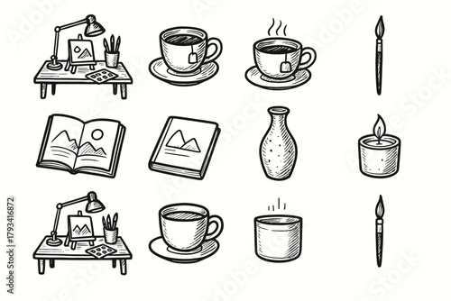 Vector tea set icon artistic desk paintbrush vase sketchbook view cup