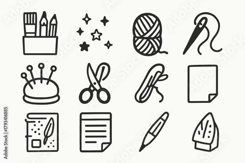 Crafting tools inspiring needle paper vector icon yarn cushion materials sheet icons