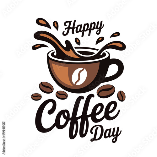 Happy Coffee Day celebration with a splashing cup and coffee beans.