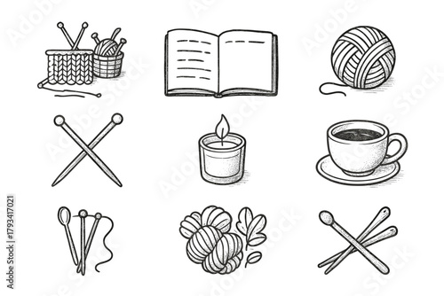 Yarn icons wooden icon knitting desk ball notebook needles cup candle tea