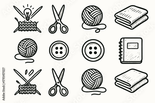 Moment icon icons spool notebook scissors desk vector folded fabric button knitting