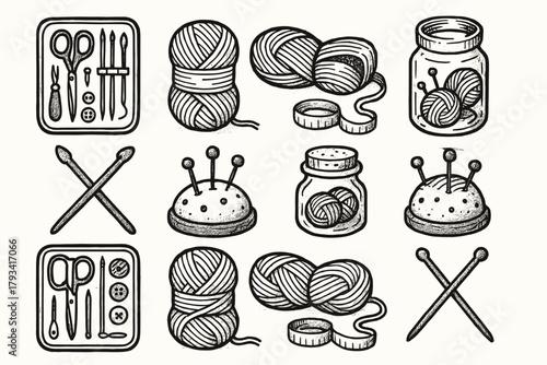 Toolkit icons wool roll needles icon knitting jar pin desk handmade tape