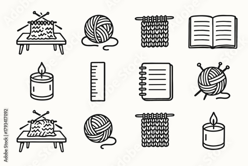 Candle desk ruler session notebook fabric vector ball knitting creative icons yarn