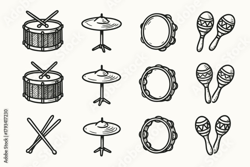 Set collection sticks maracas icon tambourine cymbals percussion drum vector snare
