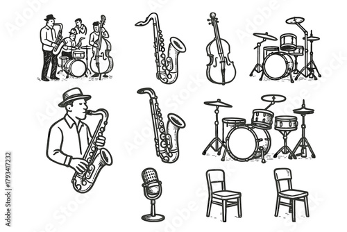 Jazz performance double saxophone set microphone bass vector drums instruments icon