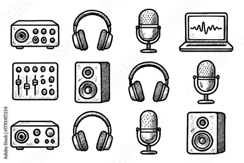 Set gear audio recording headphones mixer icons microphone icon music speaker vector