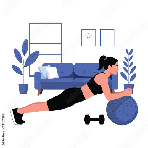 A fit woman performs a plank exercise on a stability ball at home.