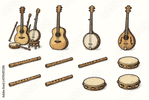Acoustic folk music vector icon flute banjo mandolin setup icons tambourine