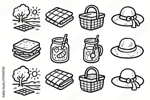 Icon picnic relaxation set folded cloth lemonade sandwich basket sunhat vector weekend