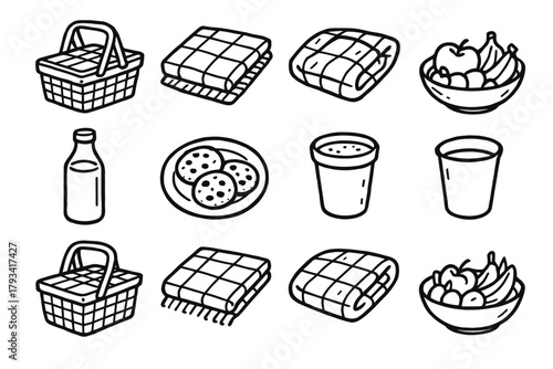Bottle cup icon blanket vector cookies picnic bowl fruit icons essentials paper