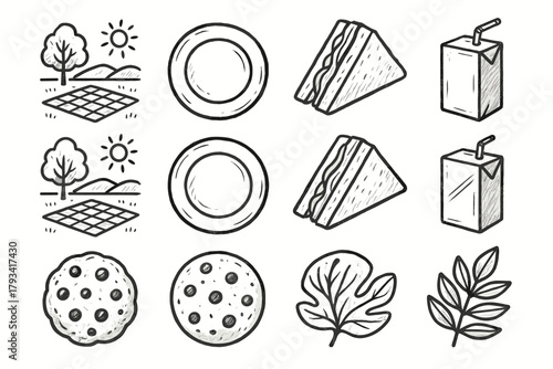 Set juice leaf picnic vector plate icon box cookie plant outdoor