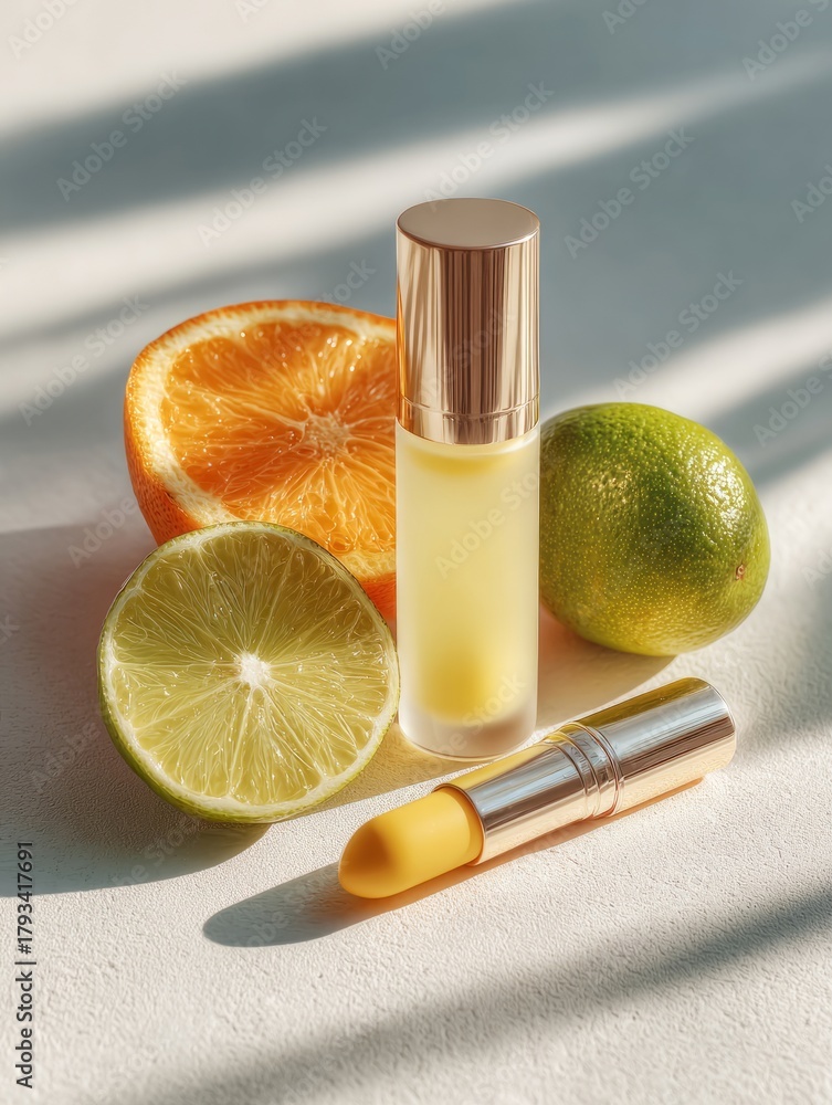 Fototapeta premium Vitamin c cosmetics with citrus fruits in sunlight