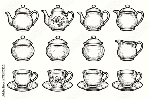 Vector bowl teacup teapot vintage saucer service tea icon floral