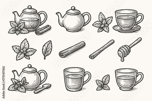 Stick cup tea honey sprig vector icon glass cinnamon herbal spoon