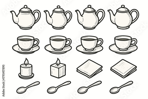 Icon elegant home tea spoon candle sugar ceramic cup vector teapot