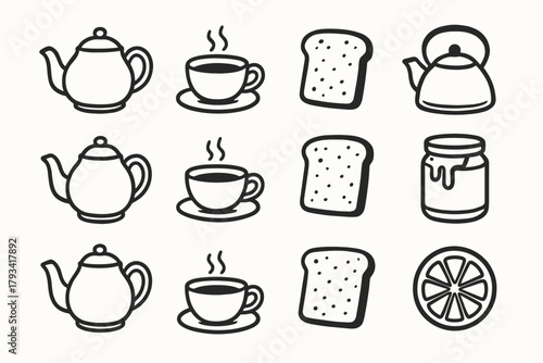 Breakfast fruit kettle moment plate vector icon honey jar tea icons