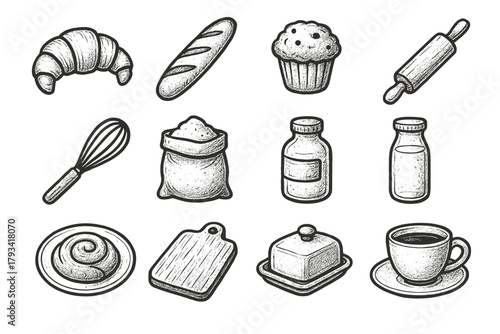 Flour vector pin dish cup bakery baguette bottle rolling icon milk collection